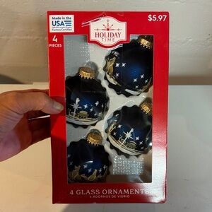 Holiday Time Midnight Blue and Gold Glass Ornaments with Nativity Scene